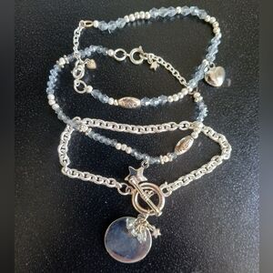 3 Piece 8" Beaded Charm Braclet Set Silver Tone & Blue
